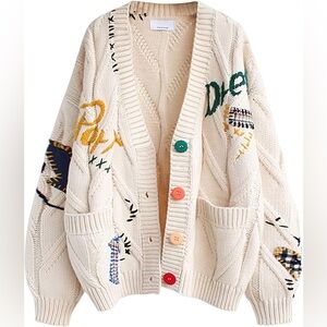 Colorful Buttoned Cardigan with Embroidered Details